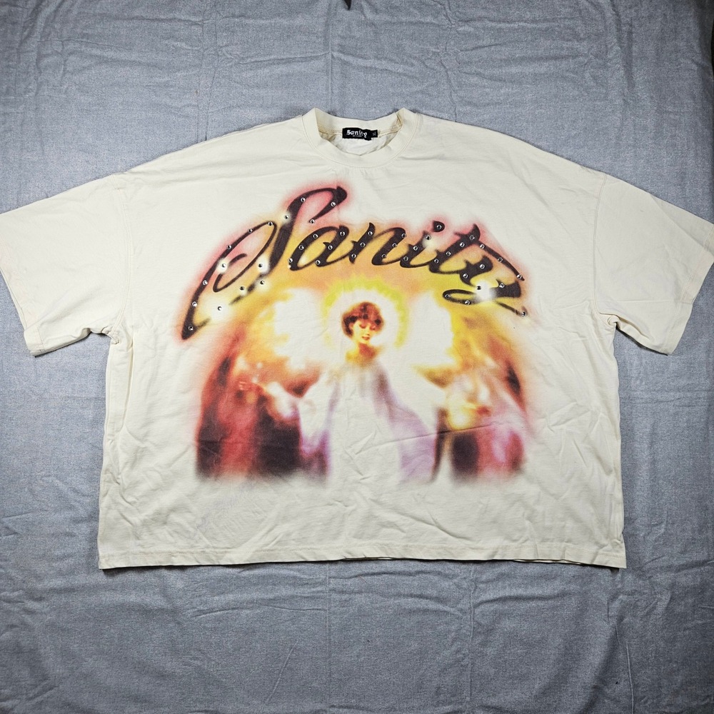 Sanity Pain Is Peace Oversized Graphic T-Shirt XL Cream Rhinestone Angel‎ Tee
